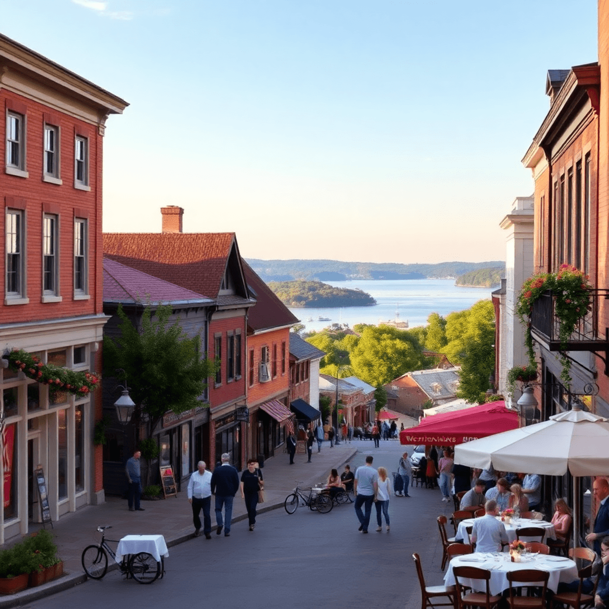 A charming small-town street in New Hampshire with historic buildings, a serene lake, and vibrant outdoor dining setups, evoking romance and connec...