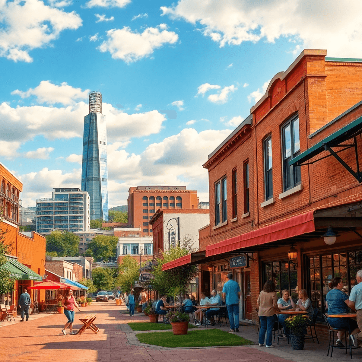 A vibrant Oklahoma landscape blending a charming small-town street with cozy cafes and outdoor activities in Tulsa, alongside modern buildings and ...