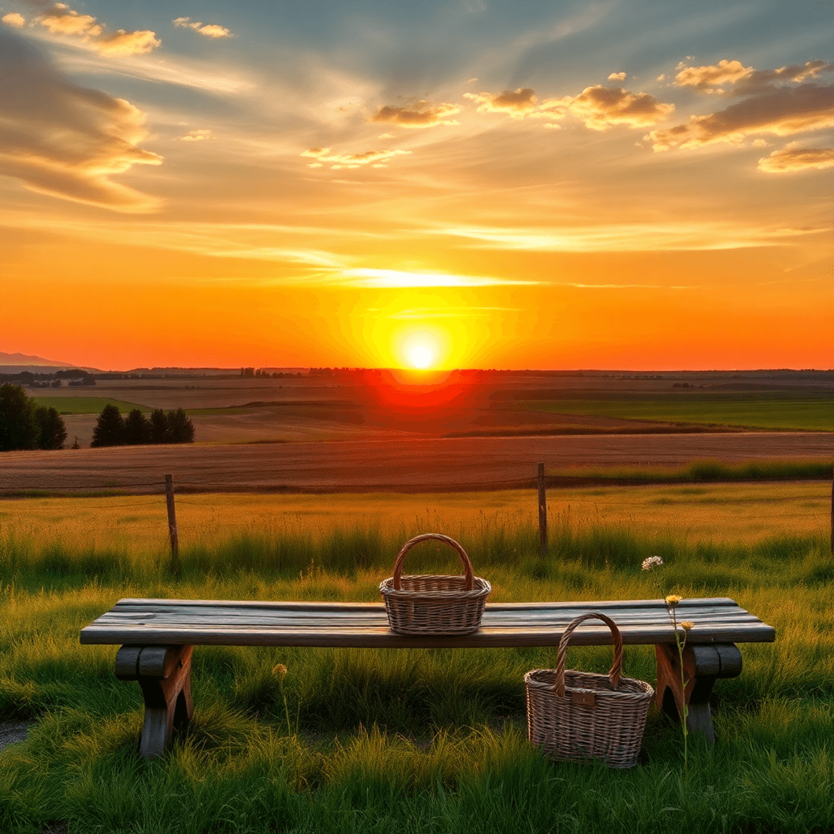 A serene Nebraska countryside at sunset with a rustic wooden bench, picnic basket, and wildflowers, evoking romance and community ties.