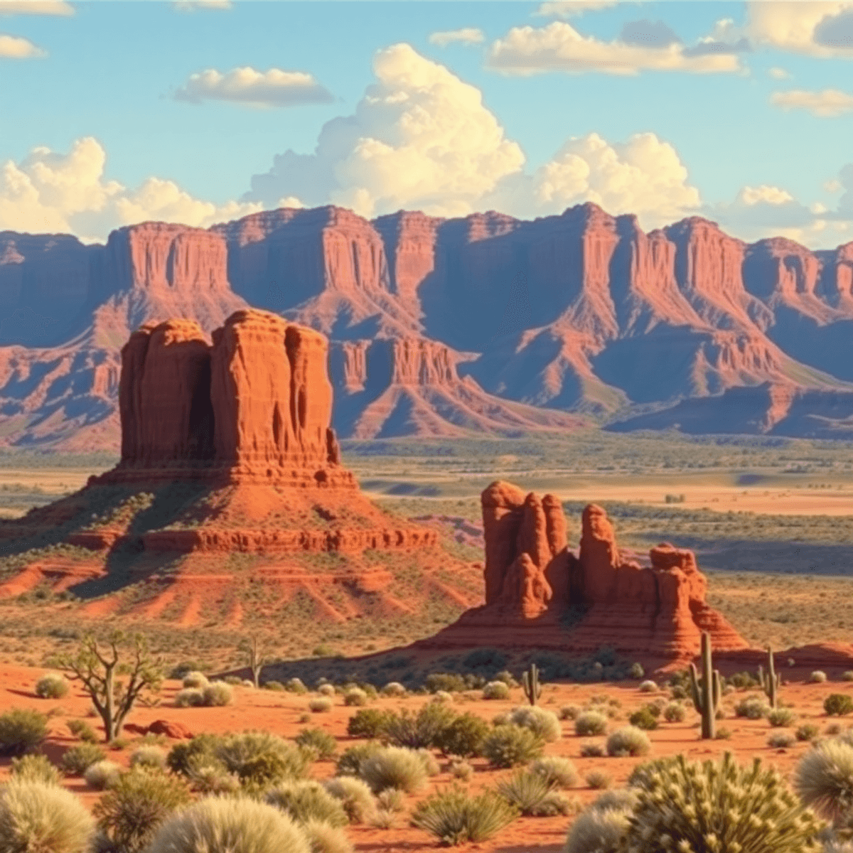 A vibrant New Mexico landscape with red rock formations and desert vistas, featuring traditional pottery and art, evoking adventure and connection.
