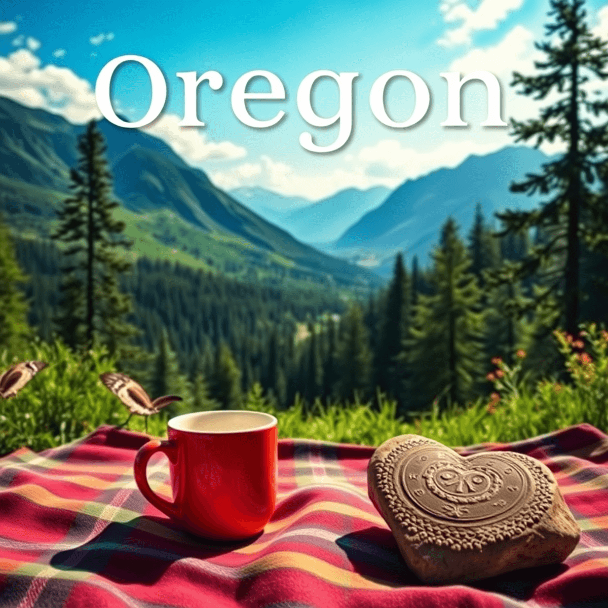 A scenic Oregon landscape with lush greenery and mountains, featuring two coffee cups on a picnic blanket and a heart-shaped rock, creating an invi...