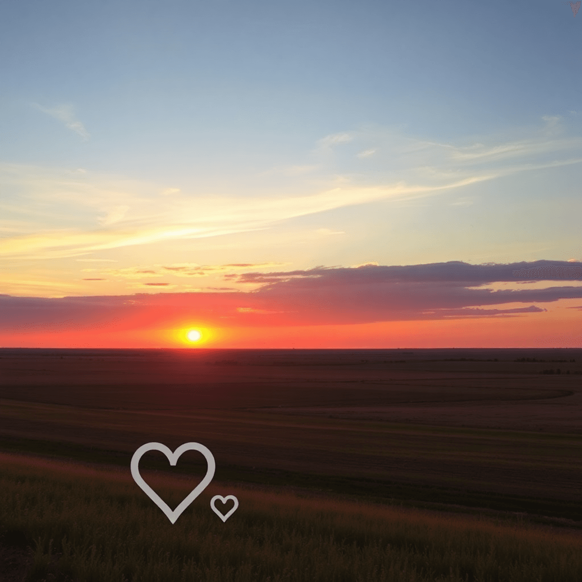 A serene North Dakota sunset over open fields, with subtle hearts and intertwined rings in the foreground, symbolizing love and connection.