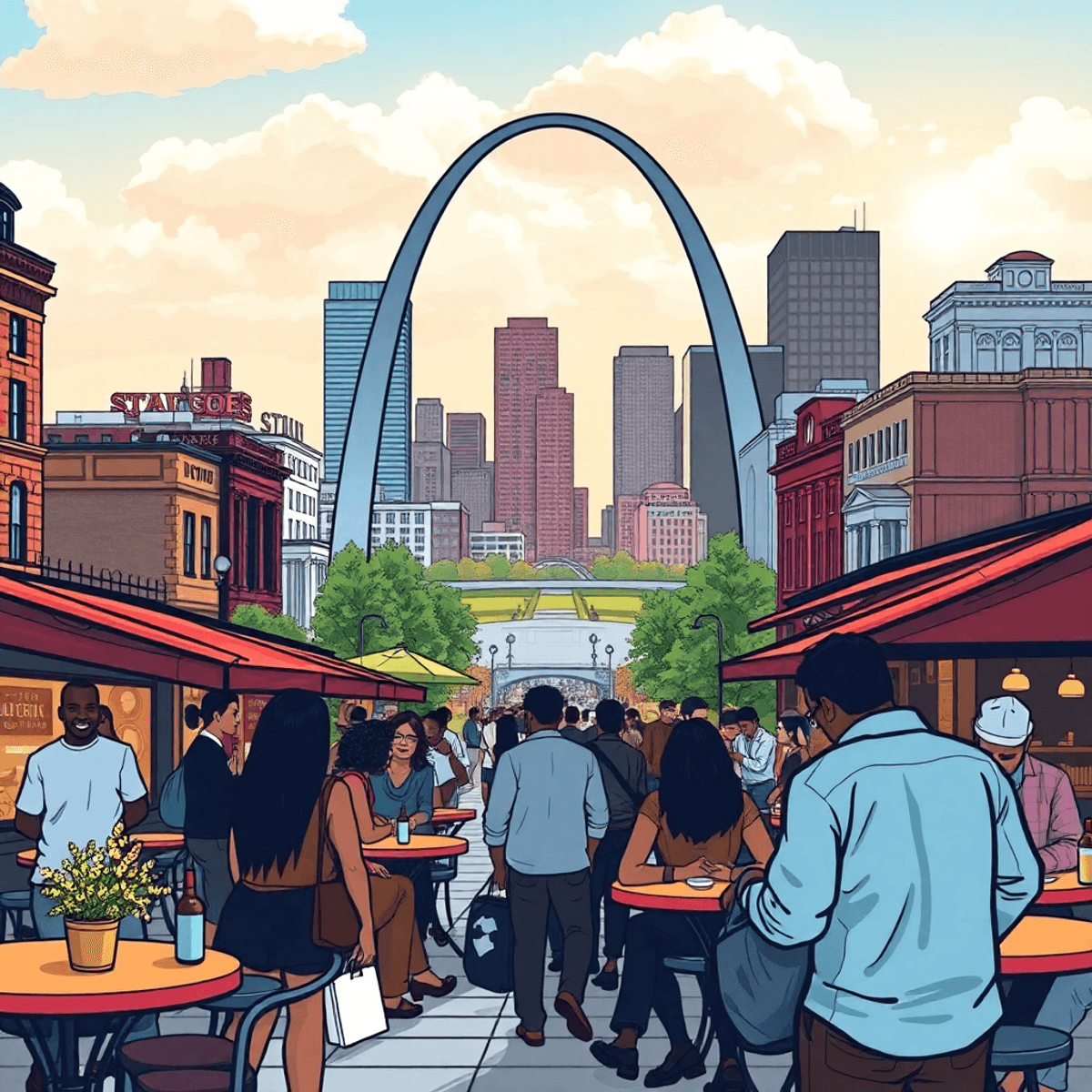 A vibrant St. Louis cityscape showcasing the Gateway Arch, lively coffee shops, and people engaged in conversation under a sunny sky, reflecting ur...