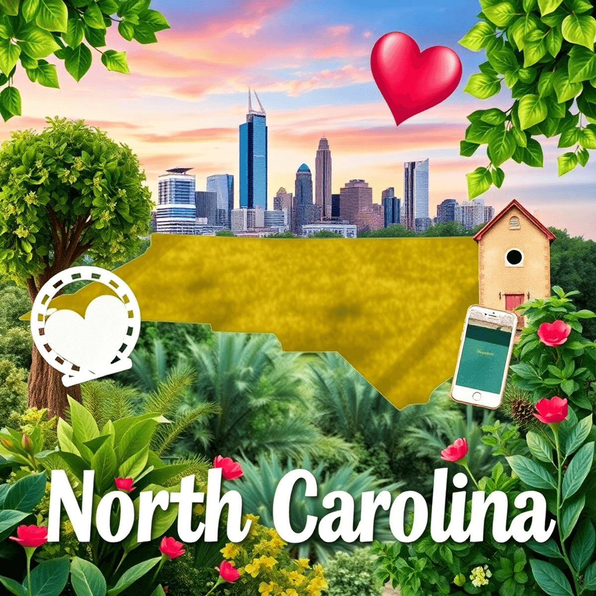 A vibrant collage showcasing North Carolina's dating scene with Charlotte's skyline, lush greenery, and modern dating icons like smartphones and he...
