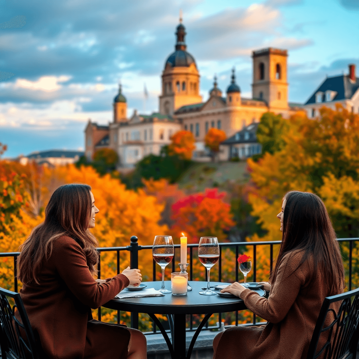 A cozy outdoor table for two with candles and wine glasses, set against a backdrop of historic architecture and vibrant autumn foliage, creating a ...