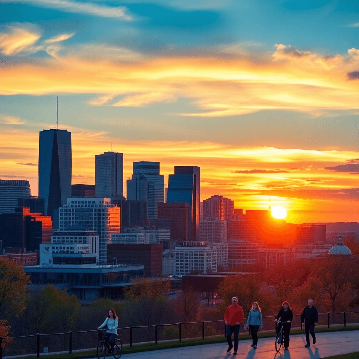 Vibrant Minneapolis skyline at sunset with modern architecture, Lake Superior in the background, and people biking and walking, showcasing an activ...