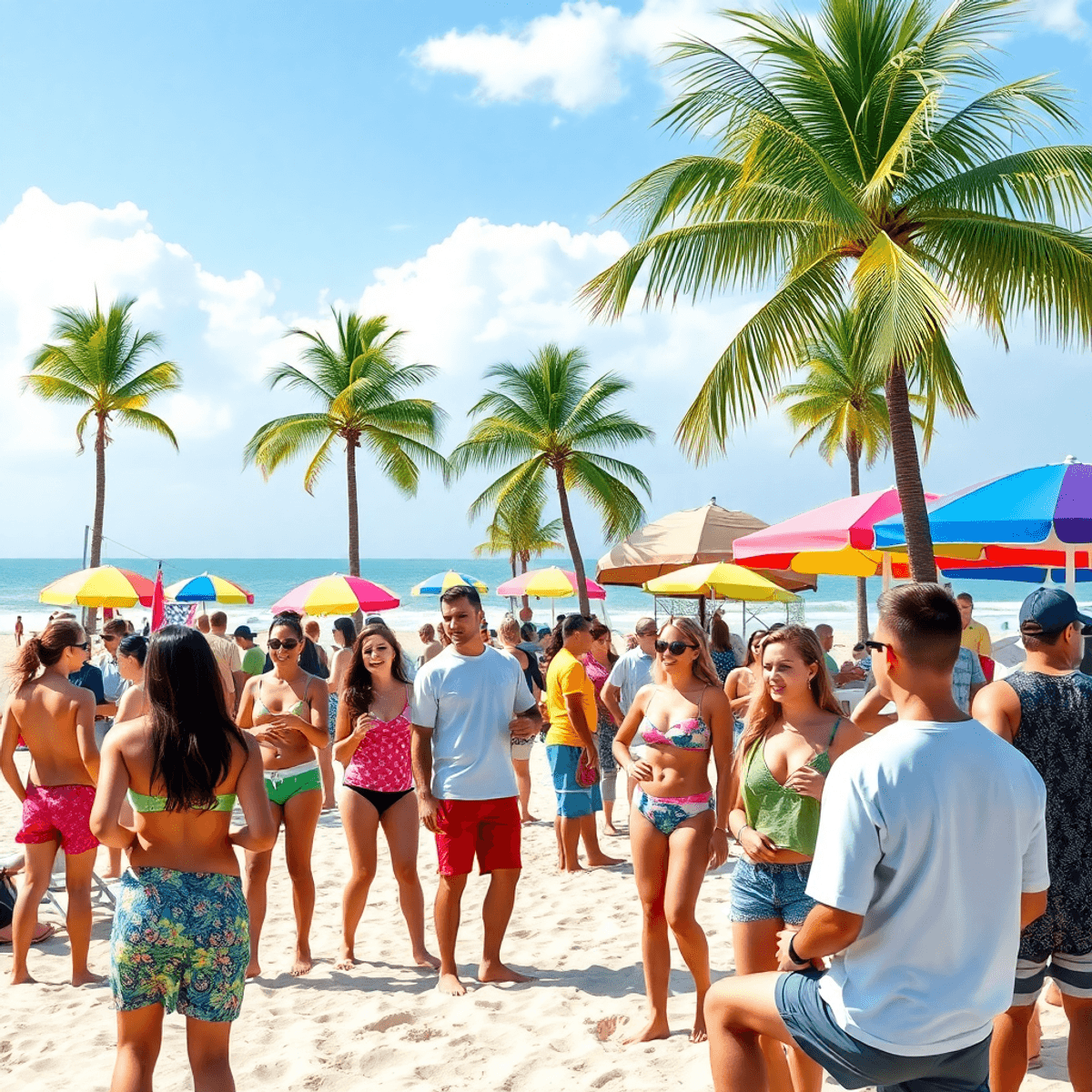 A lively beach scene in Melbourne, Florida, with people playing volleyball and socializing under sunny skies, surrounded by palm trees and colorful...