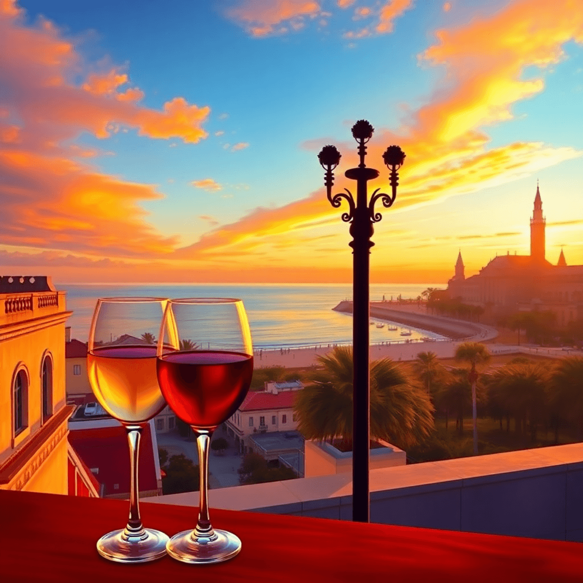 A vibrant sunset over St. Augustine's coastline, with historical architecture in the background and wine glasses set for a romantic evening.
