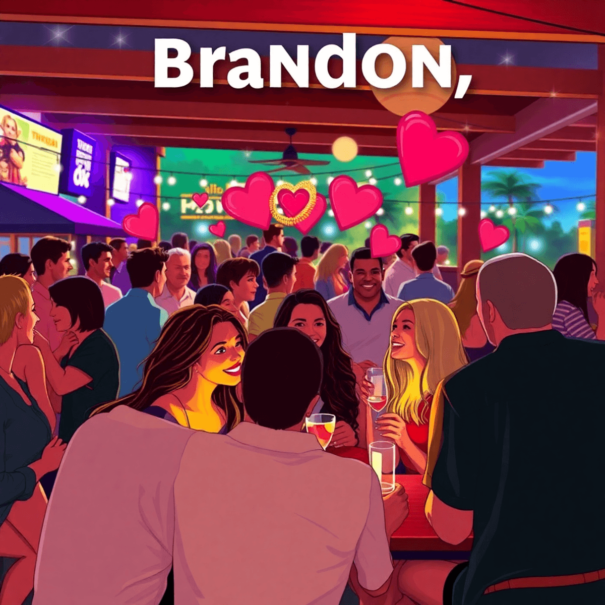 A lively gathering of singles in Brandon, Florida, enjoying trivia and outdoor activities, surrounded by symbols of love and connection in a warm, ...