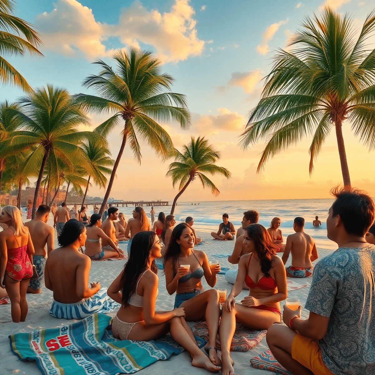 A vibrant beach scene in Palm Coast, Florida, showcasing a picturesque coastline with palm trees, people socializing, beach towels, drinks, and a r...