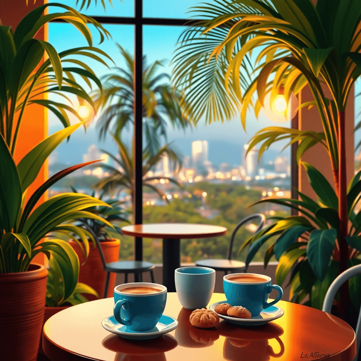 Cozy café scene in Alafaya, Florida, with tropical plants, warm lighting, a table set with two coffee cups and pastries, and a hint of the city sky...