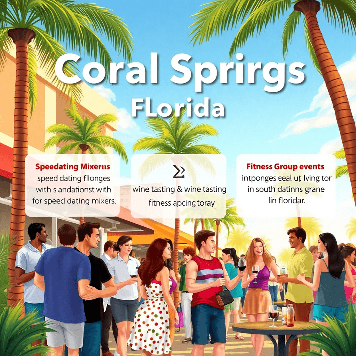 A lively scene in Coral Springs, Florida, with singles participating in speed dating, wine tasting, and fitness events under palm trees in a sunny ...