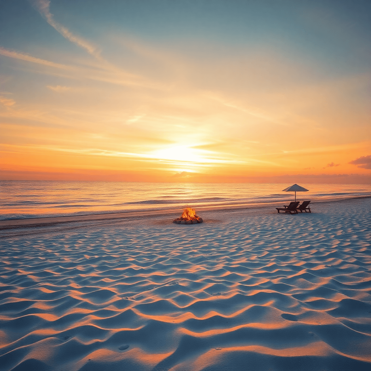 A romantic sunset over Clearwater Beach, featuring soft white sands, gentle waves, beach chairs, and a small bonfire under a sky of warm orange and...
