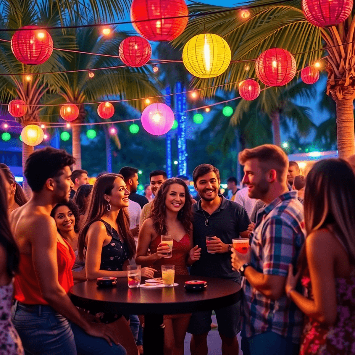A lively outdoor singles mixer in Davie, Florida, featuring young adults laughing and chatting amidst colorful decorations and palm trees, creating...