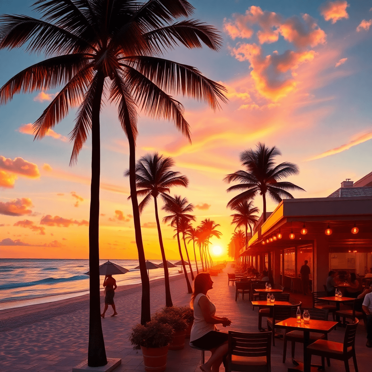 A vibrant sunset over the ocean at West Palm Beach, silhouetted palm trees, upscale dining settings, luxury boutiques, and a couple enjoying a roma...