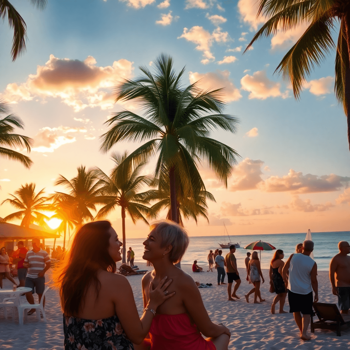 A vibrant beach scene in Fort Myers with palm trees, a stunning sunset over the water, and a couple enjoying a casual date amidst a lively atmosphe...