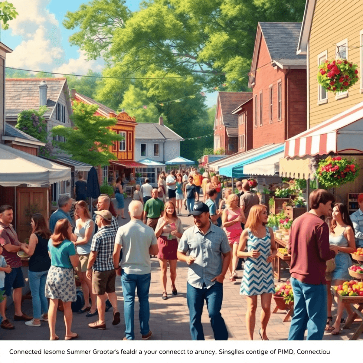 A lively summer festival in a town square, featuring people enjoying live music, local vendors, colorful decorations, and outdoor seating, exuding ...