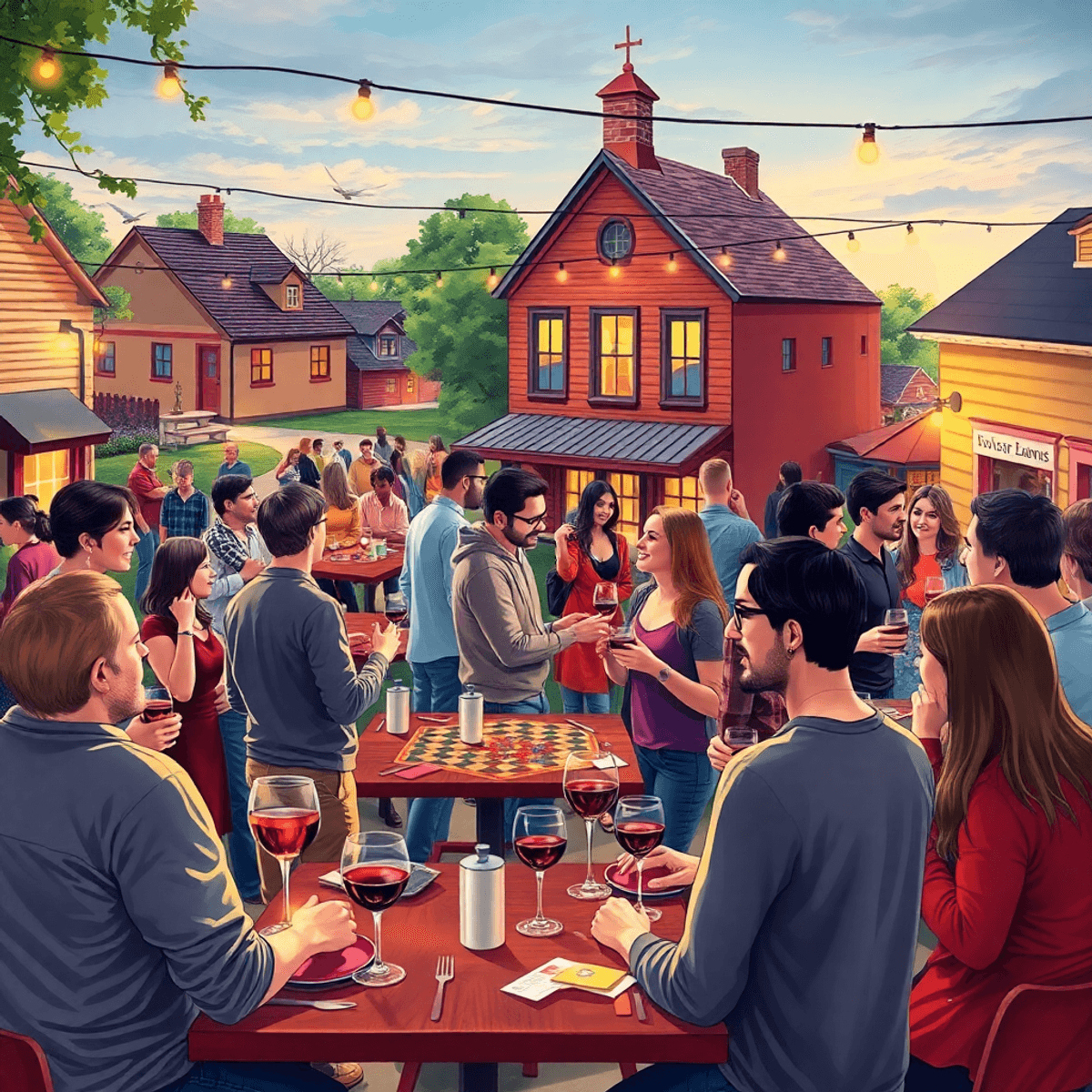 A lively social event in a small-town setting, with singles chatting and enjoying board games and wine tasting, surrounded by charming local venues...