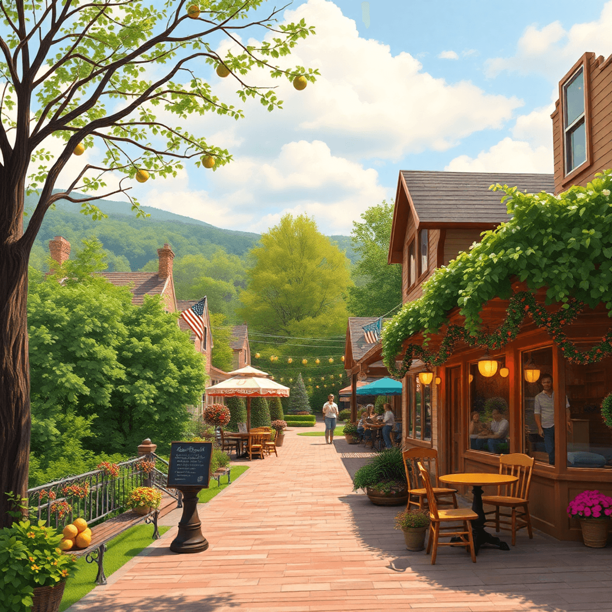A charming small town scene in Candlewood Orchards, featuring cozy café seating, lush greenery, and festive decorations, creating a warm and inviti...
