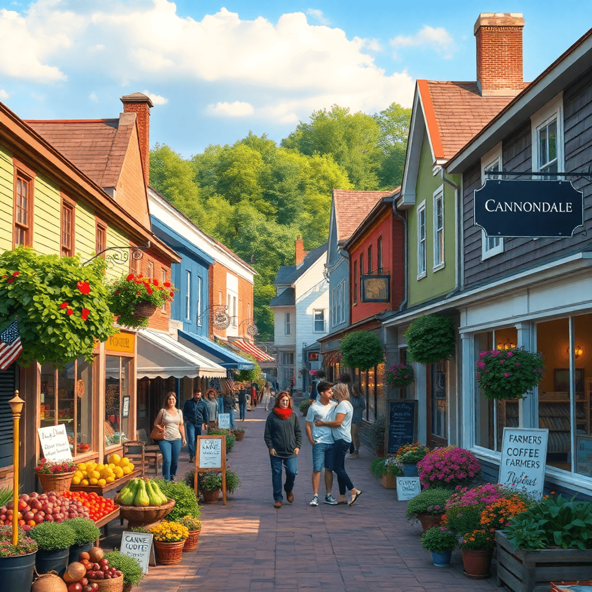 A charming small-town street in Cannondale, Connecticut, lined with boutiques and coffee shops, featuring a farmers' market with fresh produce and ...
