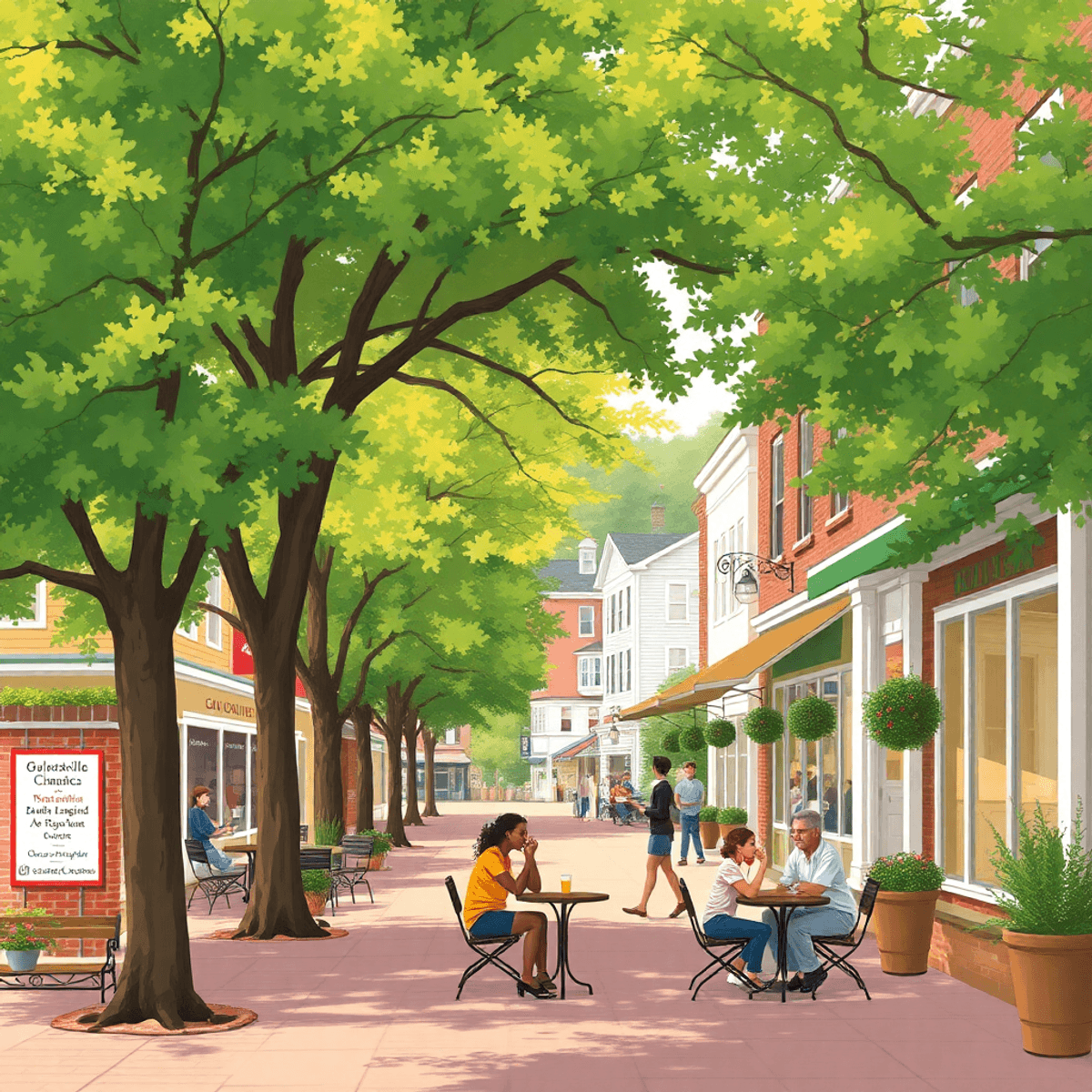 A cozy small-town scene in Gaylordsville, Connecticut, showcasing tree-lined streets, local shops, and couples dining at an outdoor café, embodying...
