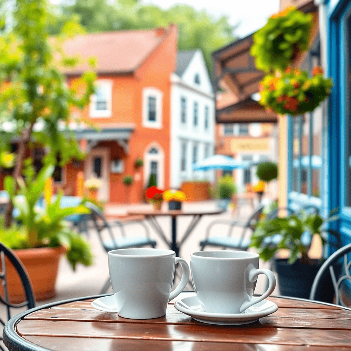 A cozy outdoor café scene in Middletown, Delaware, featuring two coffee cups on a table surrounded by charming architecture and greenery, inviting ...
