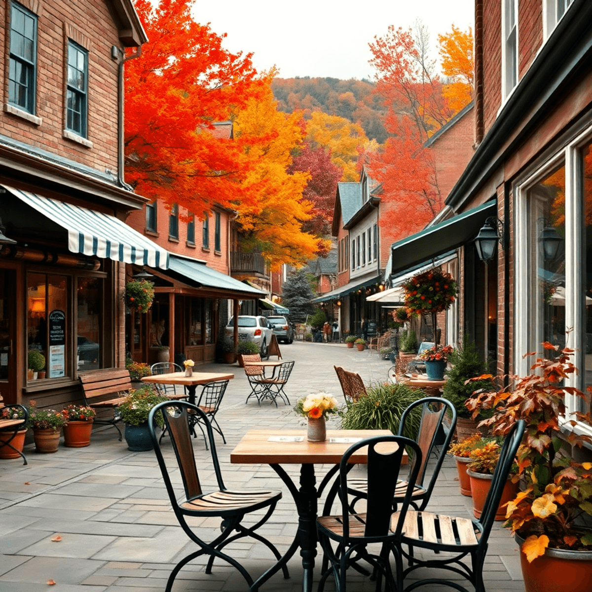 A cozy small-town scene in Bantam, Connecticut, with charming cafes, vibrant fall foliage, and a rustic café table set for two, evoking warmth and ...