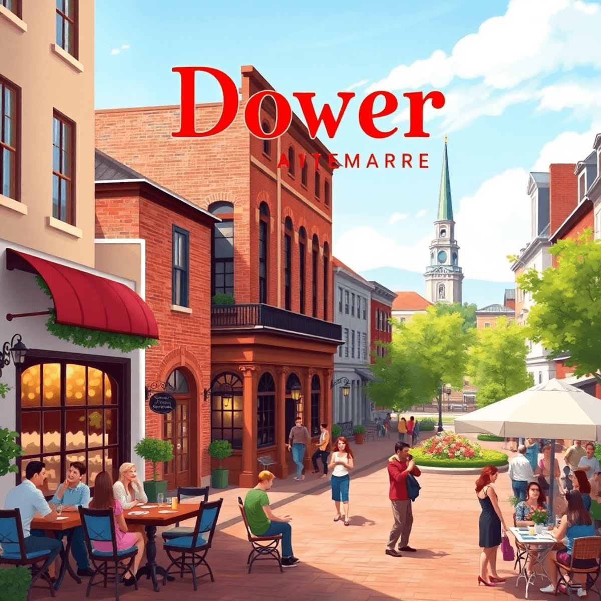 A charming scene of Dover, Delaware, featuring historic buildings, cozy restaurants, couples in parks, and social events, all evoking romance and c...