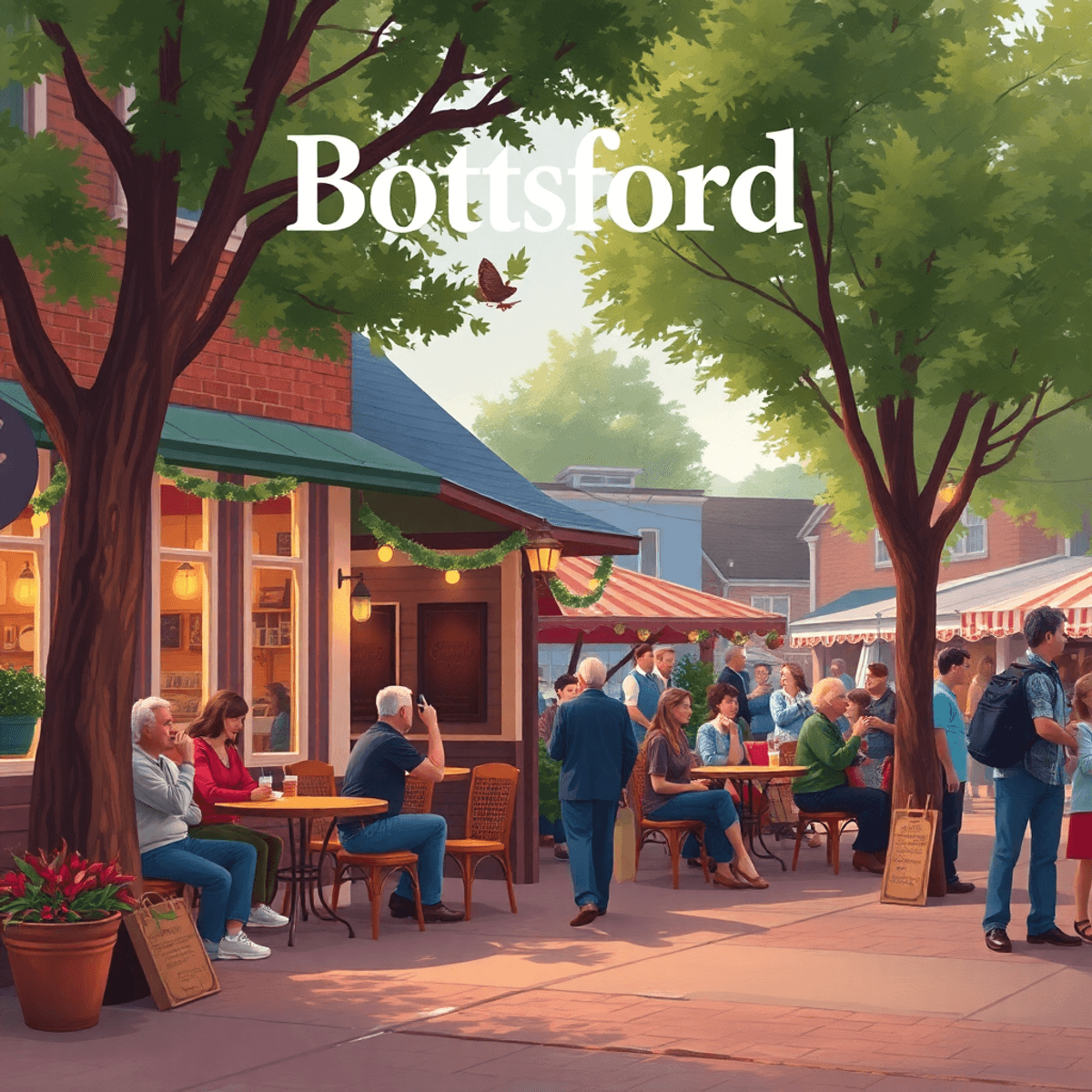 A cozy café with outdoor seating, surrounded by trees, where people engage in friendly conversation and enjoy seasonal decorations, capturing a war...