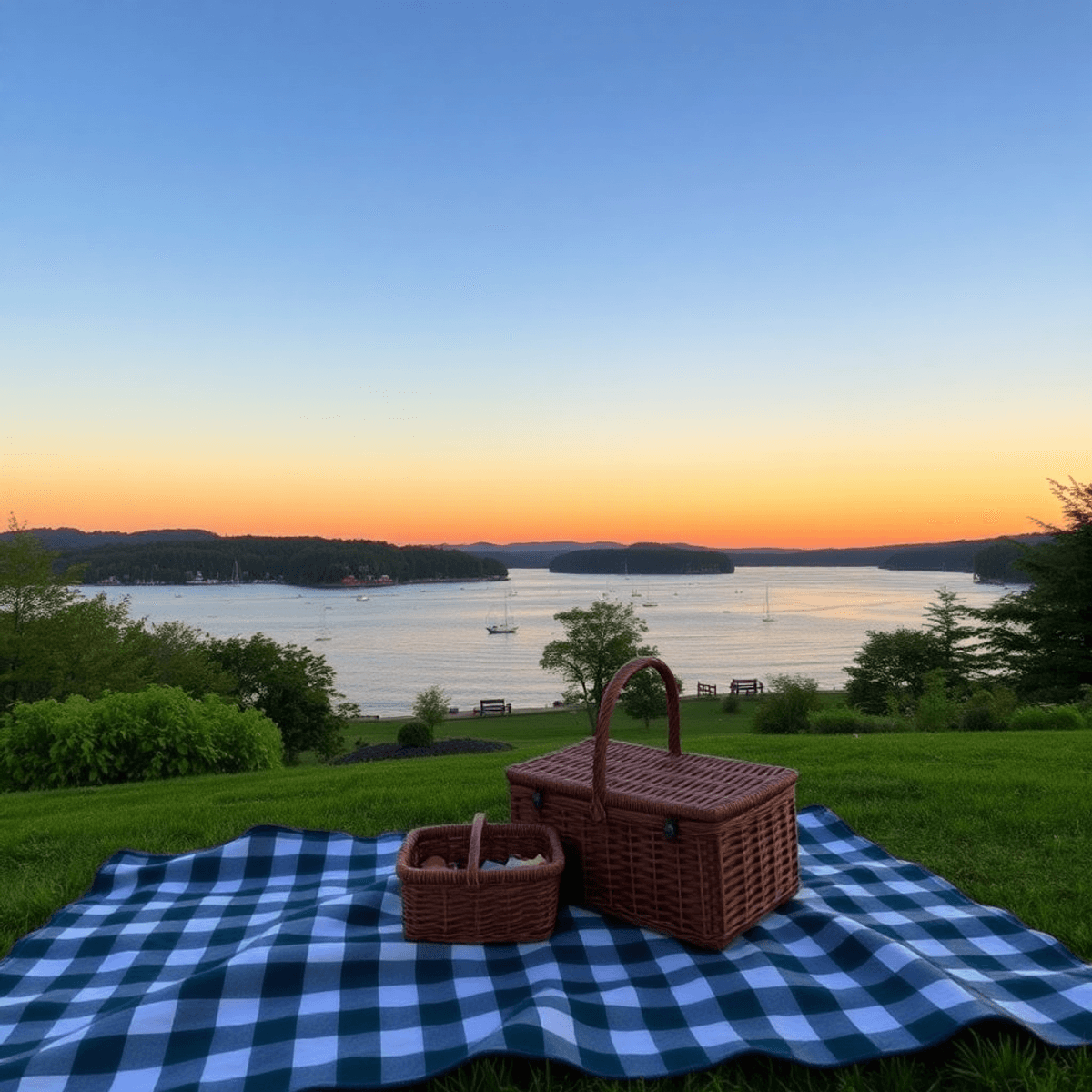 A picturesque sunset over Candlewood Lake, with boats on the water and a cozy picnic setup in the foreground, surrounded by lush greenery and trees.