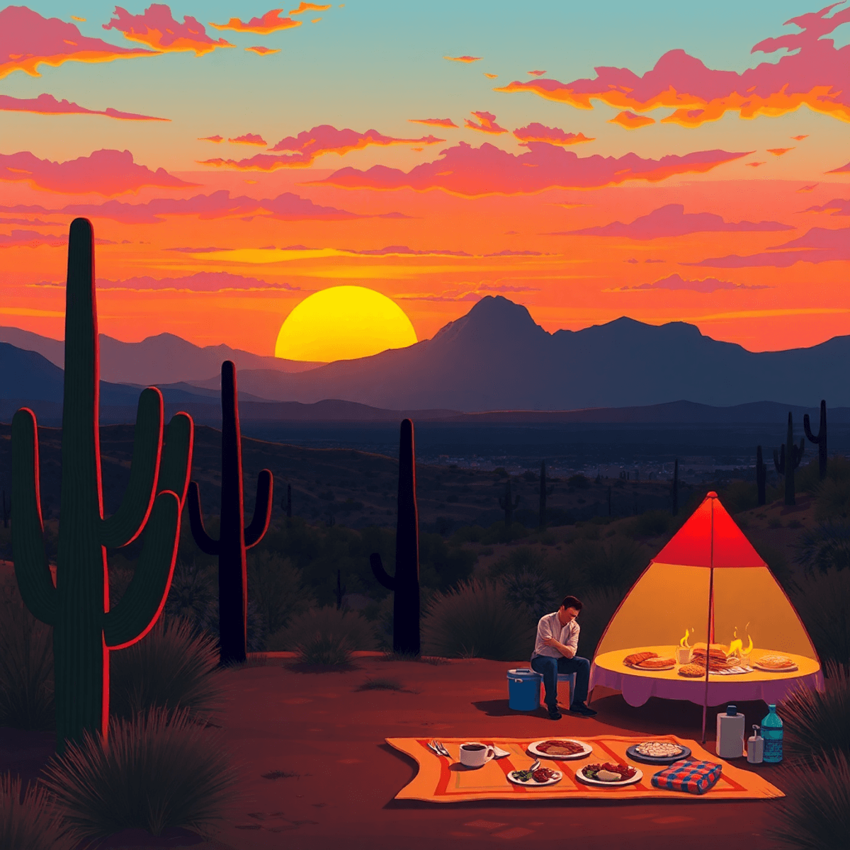 A warm Arizona sunset casts vibrant colors over a desert landscape, with cacti silhouettes and picnic blankets set up for social gatherings in a we...