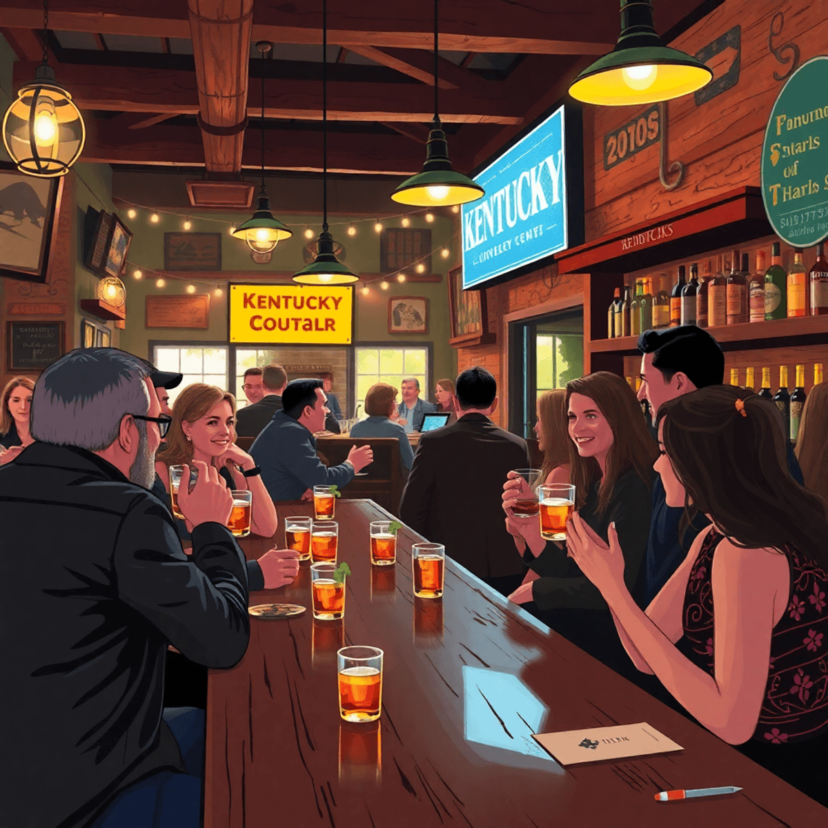 A cozy Kentucky bar scene with warm lighting, rustic decor, and people enjoying craft cocktails, surrounded by bourbon bottles and Southern motifs.
