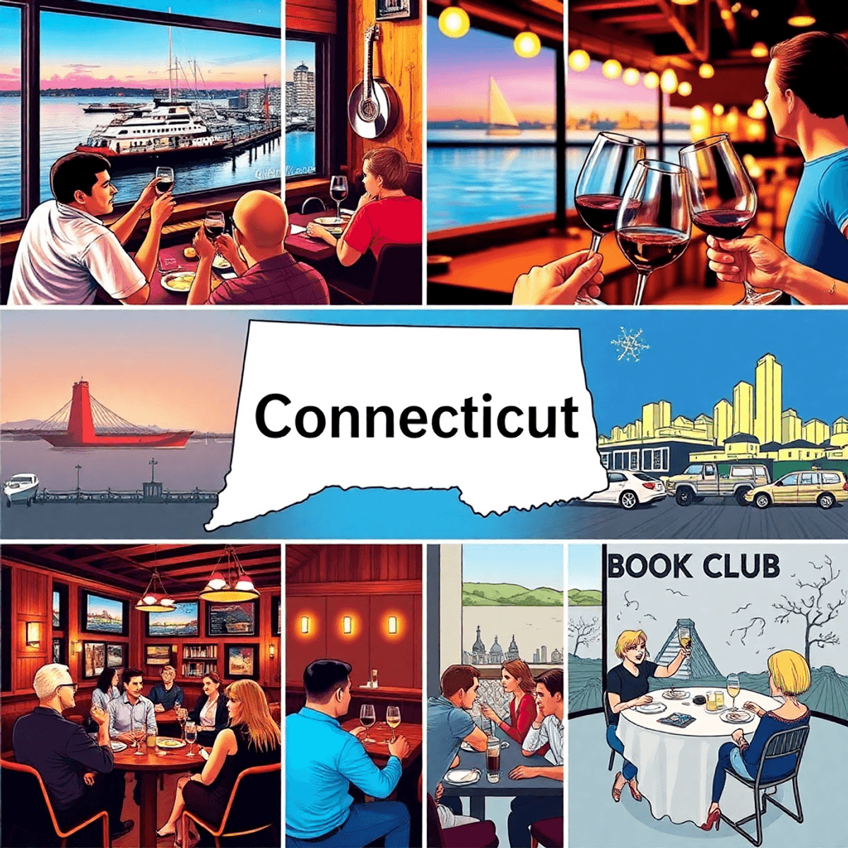 A vibrant collage of dating events in Connecticut, featuring a lively speed dating night, a singles wine tasting, and a cozy book club, with iconic...