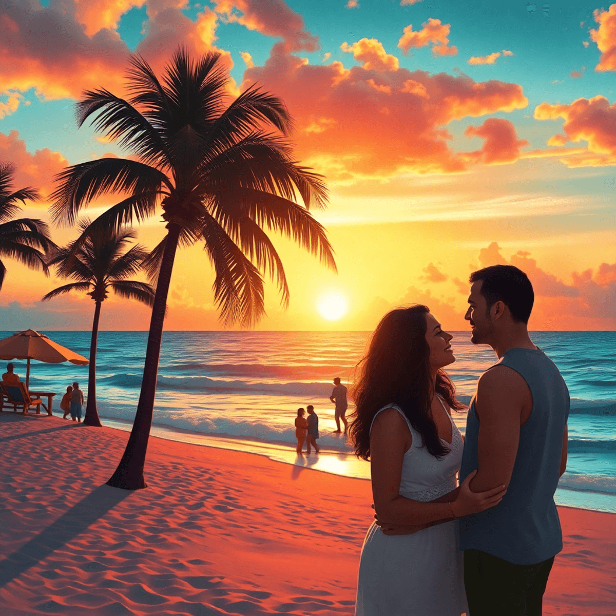 A couple shares a romantic moment on a Florida beach at sunset, surrounded by palm trees and vibrant ocean colors, capturing the lively atmosphere.