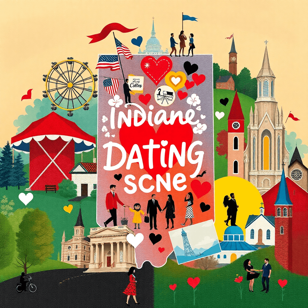 A vibrant collage of Indiana's dating scene, blending traditional symbols like county fairs and churches with modern elements like dating apps, set...