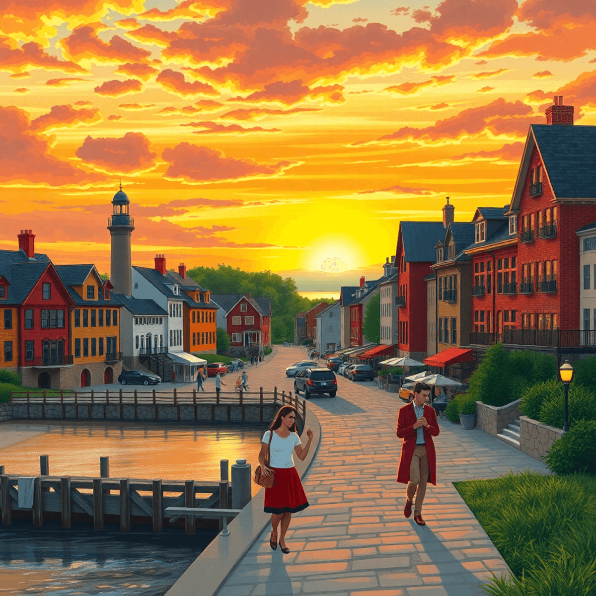 A scenic coastal town in Delaware at sunset, with historic buildings, couples walking hand-in-hand on the beach, and a warm, romantic atmosphere.