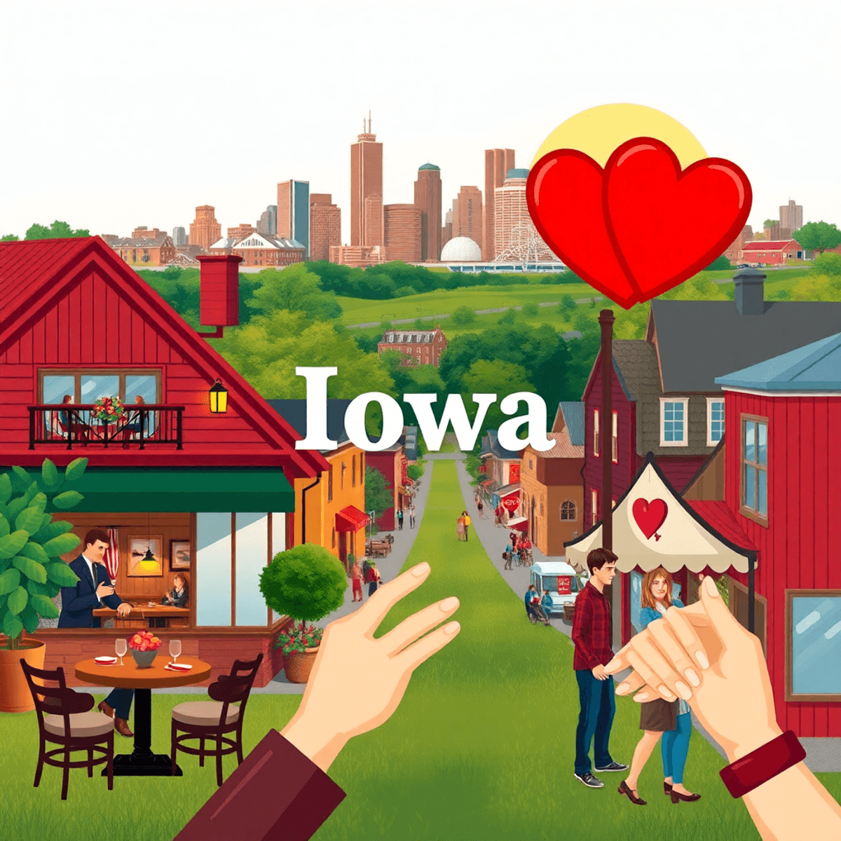 A vibrant collage showcasing Iowa's dating scene with a cozy restaurant, a scenic street, and symbols of connection, all set against an urban skyli...