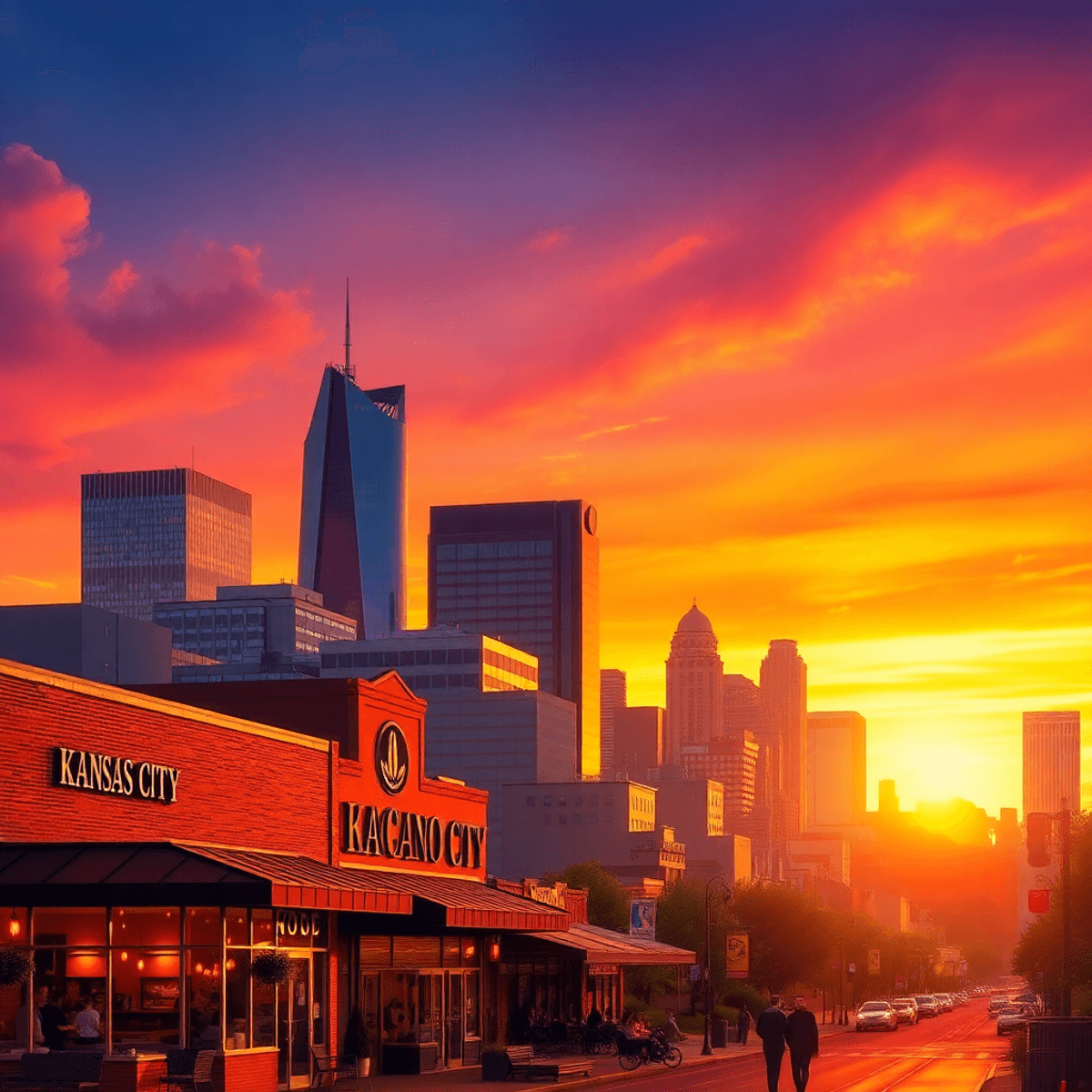 Kansas City skyline at sunset, featuring unique architecture, cozy coffee shops, and bustling nightlife, creating a warm and inviting atmosphere.