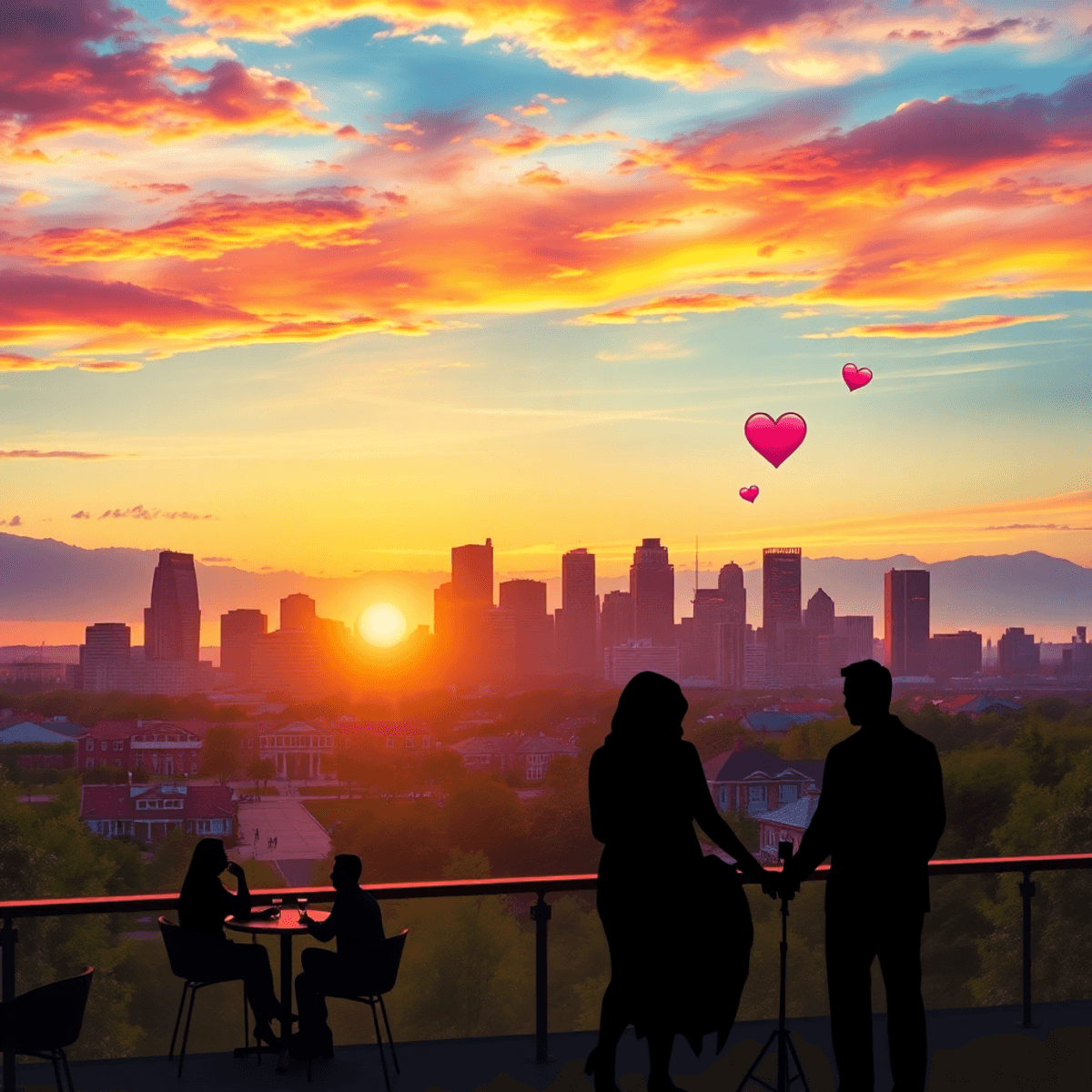 A vibrant city skyline at sunset, with silhouettes of people socializing at outdoor cafes and parks, featuring hearts and intertwined hands to symb...
