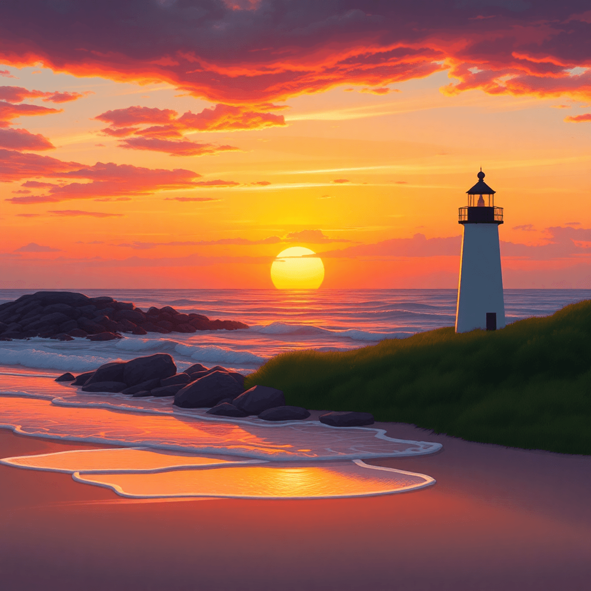 A romantic coastal scene in Maine at sunset, showcasing a silhouetted lighthouse, soft waves on the sandy beach, and lush greenery along the shore.