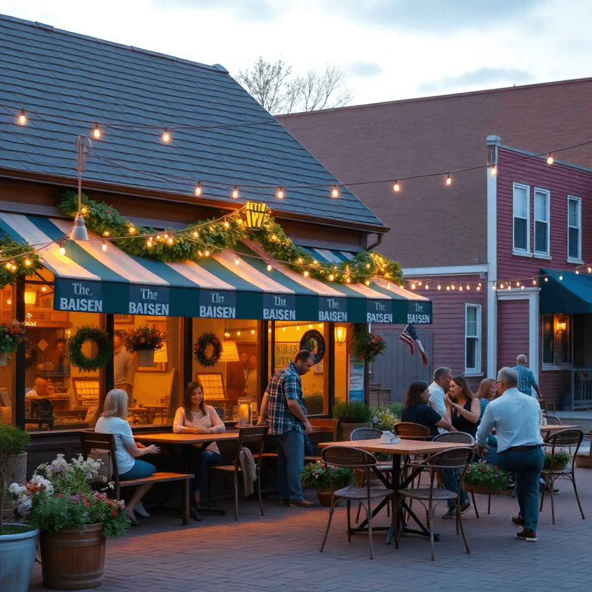 A charming small-town restaurant in Blades, Delaware, with outdoor seating adorned with fairy lights, where couples enjoy a warm and inviting atmos...