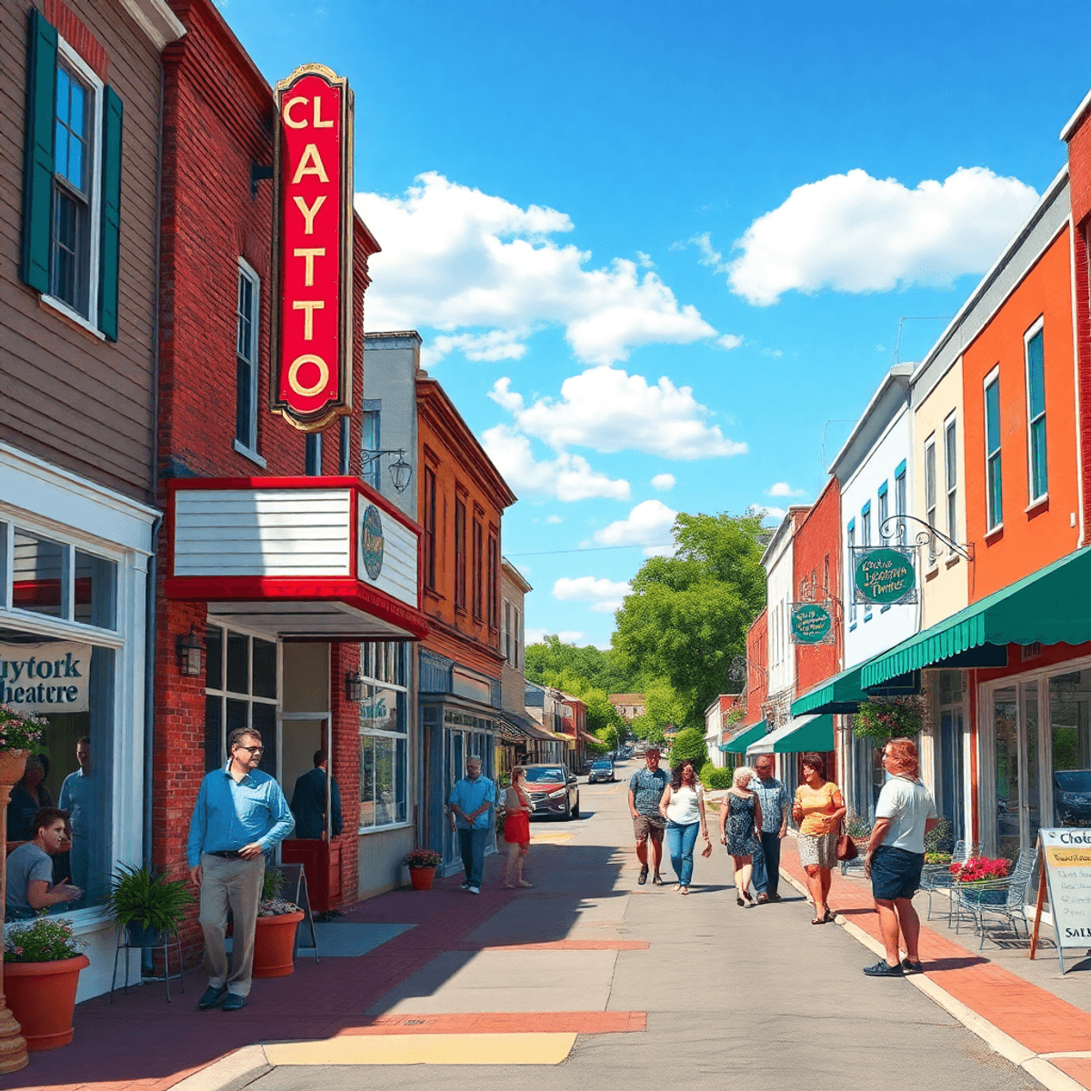 A charming small-town street in Dagsboro, Delaware, featuring the vintage Clayton Theatre and community members enjoying conversations and local sh...