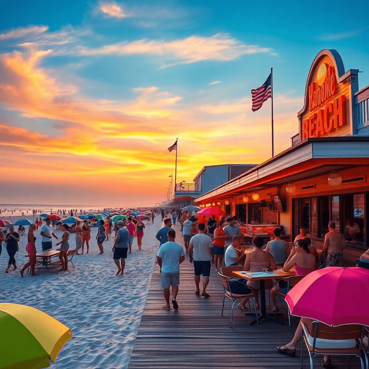 A lively beach scene at Rehoboth Beach with a bustling boardwalk, colorful umbrellas, a karaoke bar, outdoor dining, and a stunning sunset in the b...