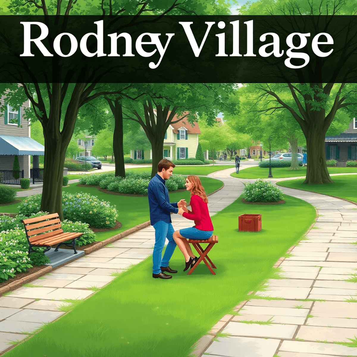 A scenic park in Rodney Village, Delaware, with lush greenery and walking paths, featuring a cozy picnic setup and a couple enjoying a romantic out...