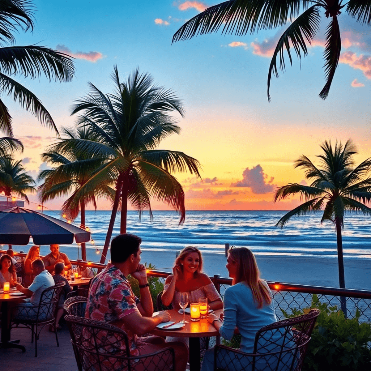 A vibrant beachside scene in Hollywood, Florida, showcasing a sunset over the ocean, palm trees, and couples dining on a cozy terrace with colorful...