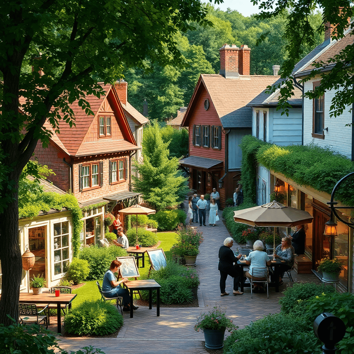 A scenic small-town view in Arden, Delaware, showcasing green spaces, cozy cafes, vibrant art galleries, and people engaging in cultural events and...