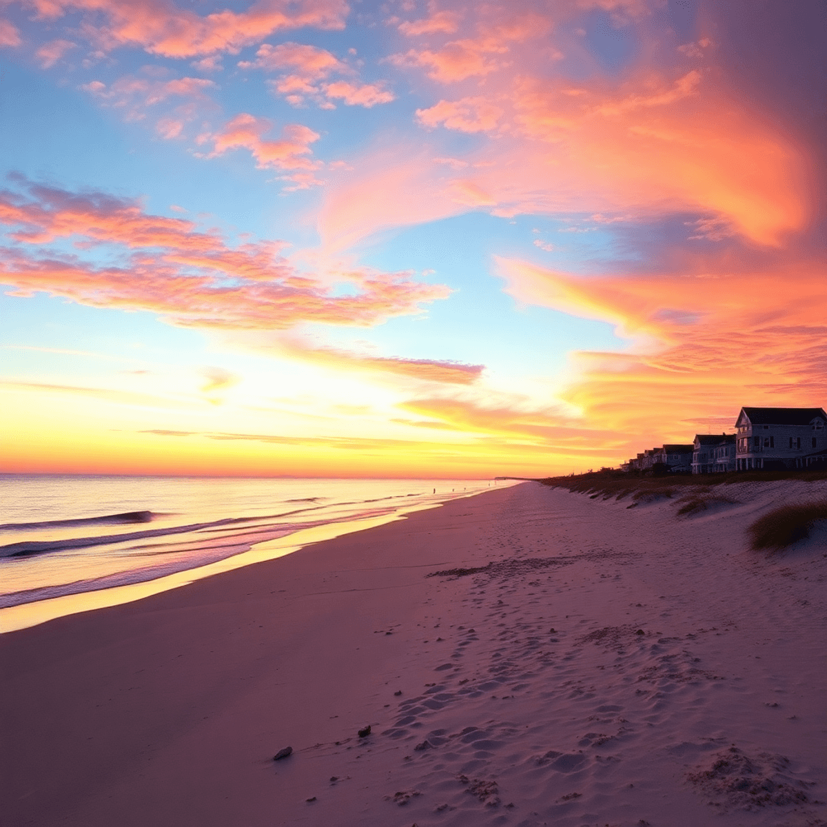 A serene sunset at Bethany Beach, featuring gentle waves on sandy shores and a vibrant sky in warm hues, with beach chairs and a picnic setup enhan...