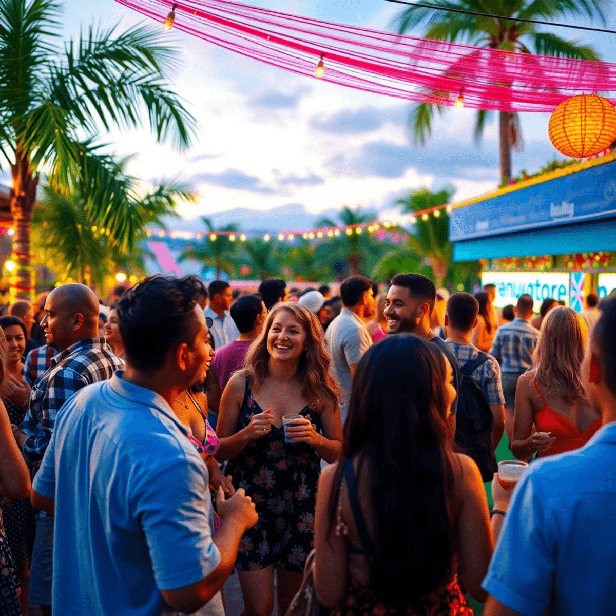 A lively outdoor social event in Pembroke Pines, Florida, with people mingling, laughing, and dancing amid palm trees and colorful decorations, con...