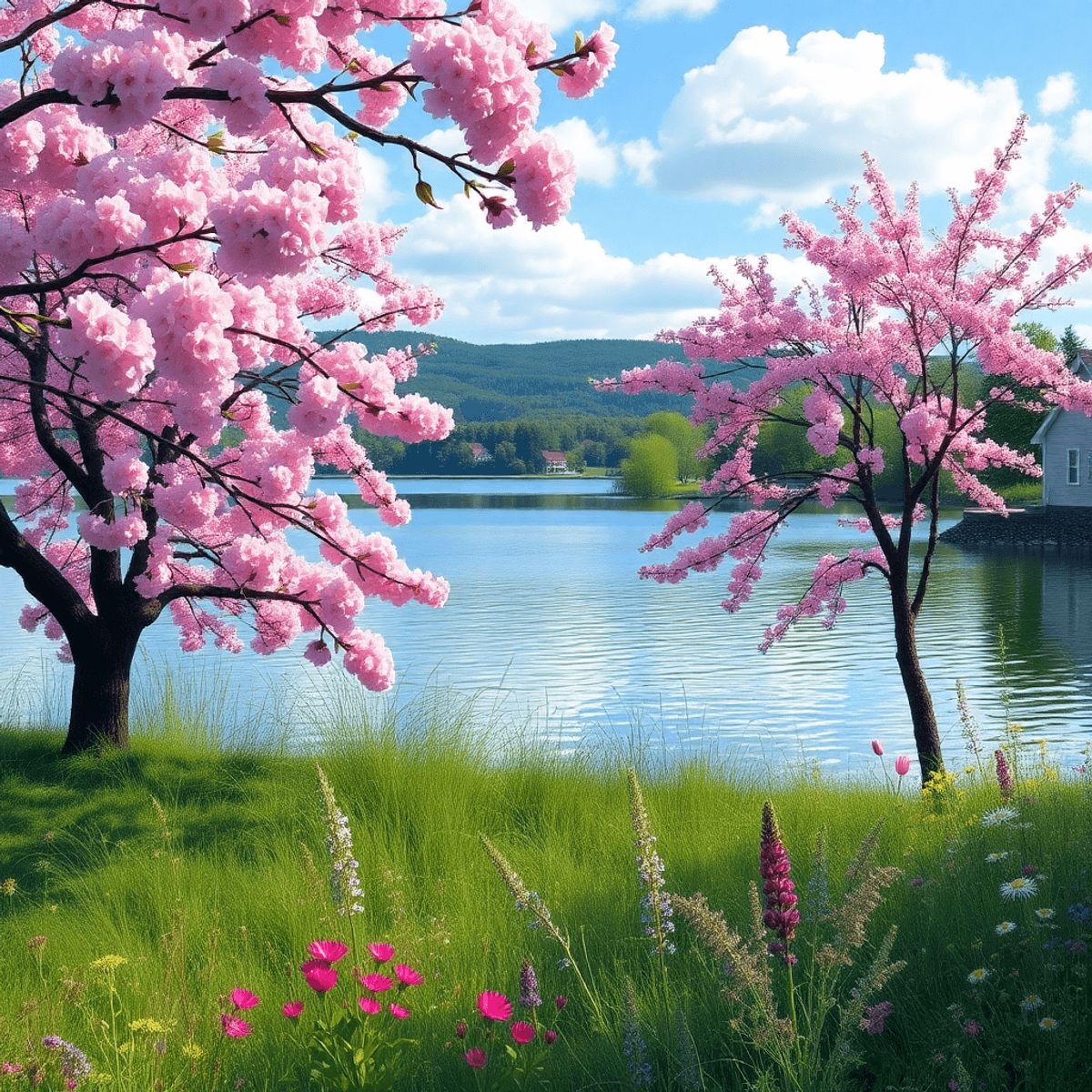 A serene view of Lake Waramaug surrounded by vibrant cherry blossoms and wildflowers in spring, capturing the essence of romance and natural beauty.