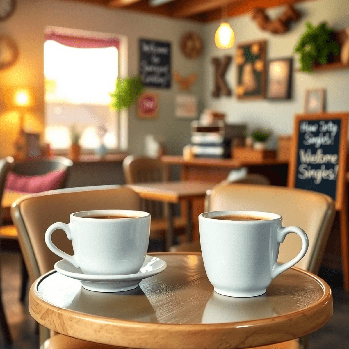 Cozy coffee shop scene in Bigelow Corners with two cups on a small table, warm lighting, and a chalkboard saying "Welcome Singles!" creating a welc...